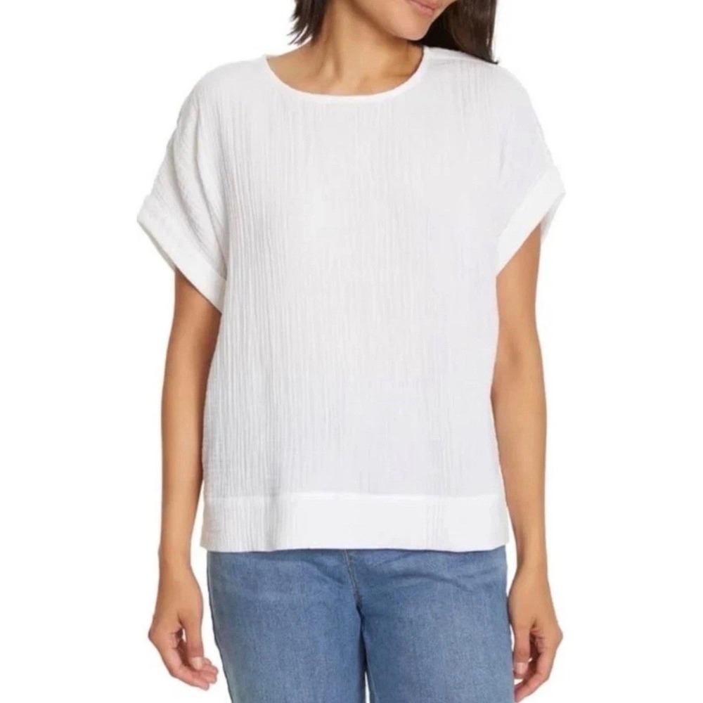 Gloria Vanderbilt White Cotton Gauze Short Sleeve Cuffed Top •L• Coastal Grandma